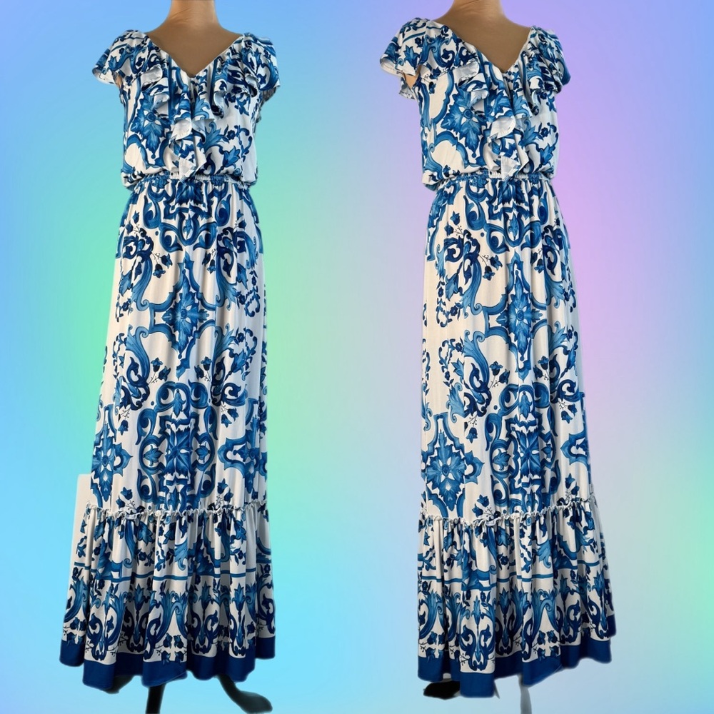 Long Alexia Admor Blue Graphic Print Maxi Dress Small S Teacup Stretchy Packable